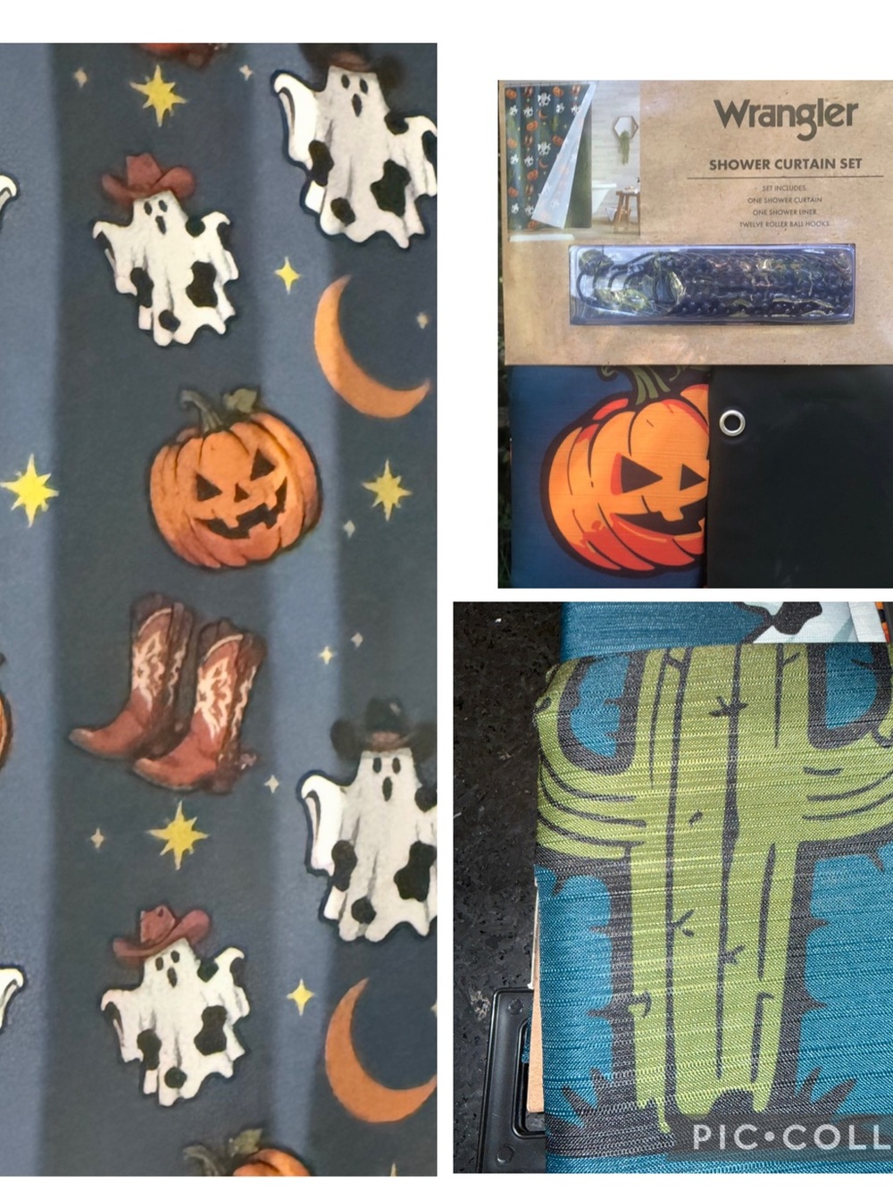 NEW Wrangler BLUE Fabric HALLOWEEN GHOST PUMPKIN CACTUS BOOT Shower Curtain Set